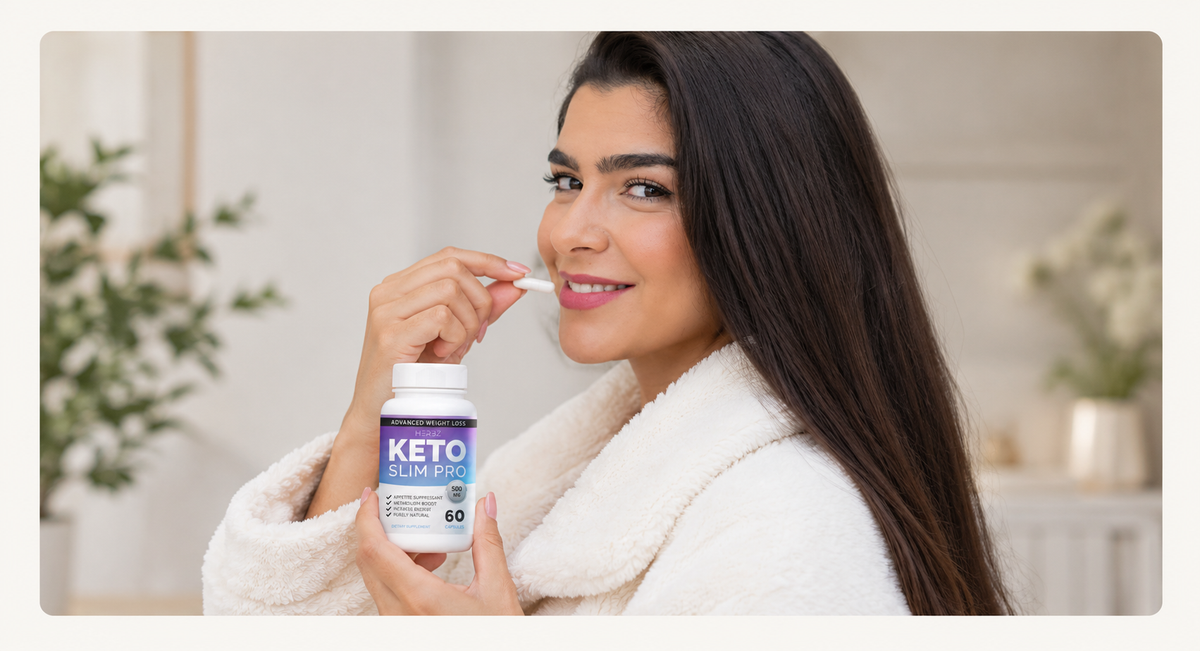 امرأة تحمل عبوة Keto Slim Pro